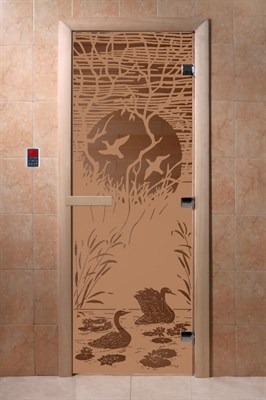 Дверь "Лебединое озеро" (бронза матовое) 190х70, 8 мм, 3 петли, коробка ольха, Банный Эксперт - фото 14312